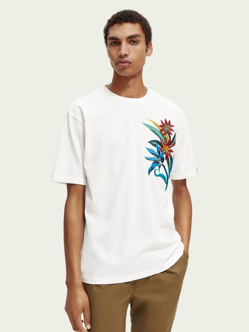 Buy Scotch Soda Mens T-Shirts Sale Online - Relaxed Organic Floral-Embroidered White